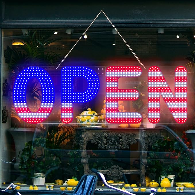 30"x10" Open Sign, LED Open Sign for Business, Ultra Bright Dimmable with 3 Scene Modes, Large Illuminated Business Sign for Storefront Window, Cafe, Bar, Restaurant, Salon (US Flag Design)