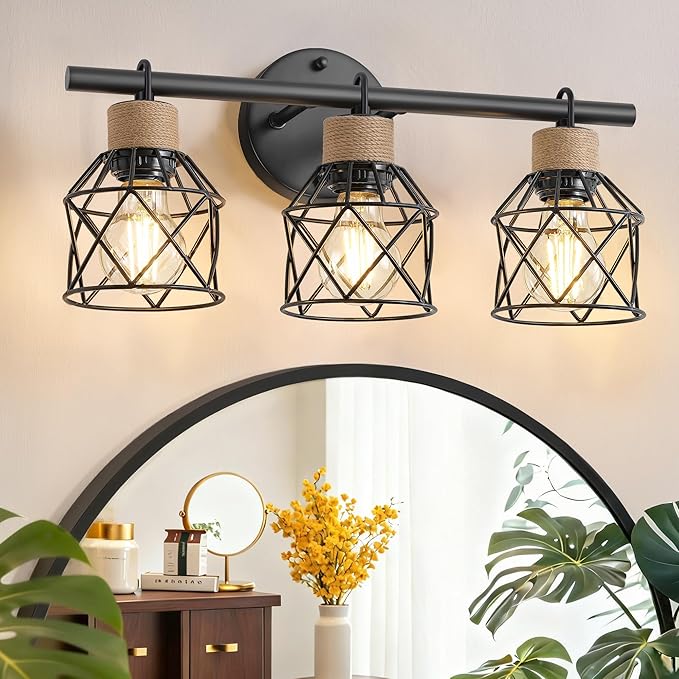 3-Light Farmhouse Bathroom Vanity Light Fixtures Over Mirror, Matte Black Vanity Lights with Metal Cage Lampshade, Vintage Bathroom Sconces Wall Lighting for Living Room Bedroom Hallway Cabinet