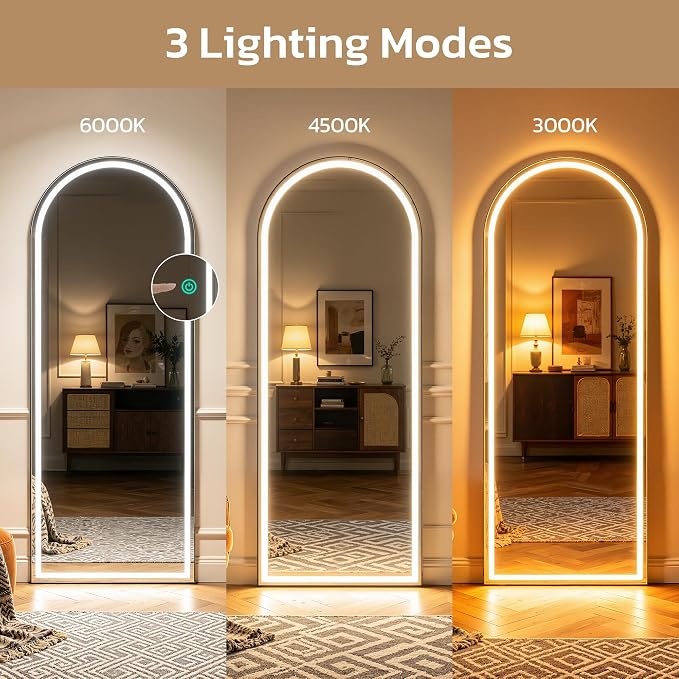 71" x 26" Arched Full Length Mirror with LED Lights, Floor Mirror with Stand, Wall Mirrors Full Length, Body Floor Mirrors, Wall Mounted for Bedroom, Dimmable, Tempered Glass