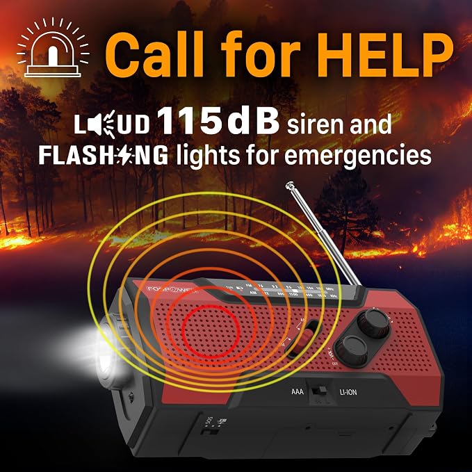 FosPower NOAA Emergency Weather Radio A1 7400mWh Portable Power Bank, AM/FM, USB/Solar/Hand Crank Charging, Battery Operated, SOS Alarm & Flashlight for Indoor/Outdoor Emergency - Red