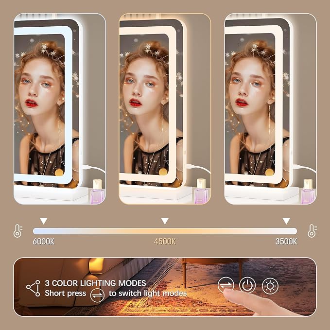 Hasipu Vanity Mirror with Lights, 31.5" x 20" LED Makeup Mirror, Lighted Makeup Mirror with Dimmable 3 Modes, Touch Screen Control Vanity Mirror Round White