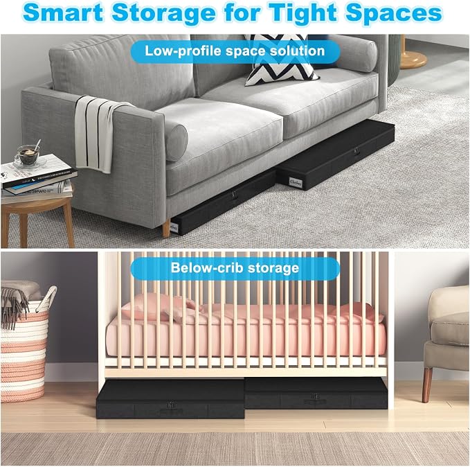 Under Bed Storage Container Bins 2 Pack, 4 Inch Thin Low Profile Underbed Clothes Storage Organizer for Dorm & Home, Use for Blanket and Toy Storage Box W/ Sturdy Bottom/Sides, Foldable Thick Fabric
