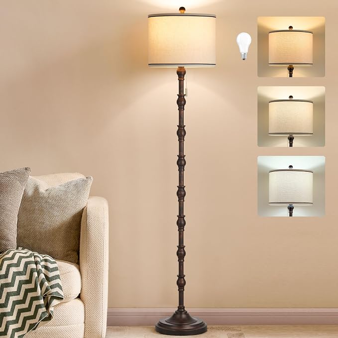 63.5'' Floor Lamps for Living Room, Farmhouse Floor Lamp for Bedroom with 3 Color Temperatures, Vintage Standing Lamps for Living Room, Living Room Light, Chain Switch, Bulb Included, Black