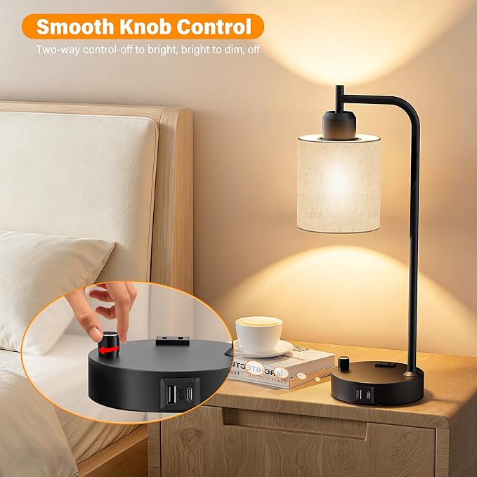 Industrial Table Lamps with Linen Shade, Set of 2 Fully Dimmable Bedside Lamps with USB A+C Ports and Outlet, Black Nightstand Desk Lamps for Bedrooms Living Room Office, 2 LED Bulbs Included