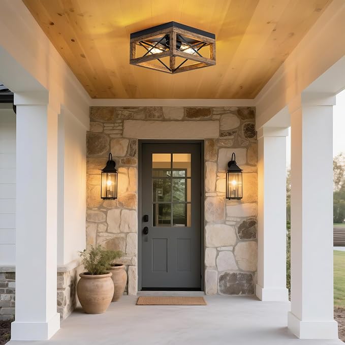 Mayful Black Farmhouse Flush Mount Ceiling Light Fixturet,2-Light Rustic Hallway Light Fixtures with Metal and Wood Design, Industrial Close to Ceiling Light Fixtures for Kitchen Entryway Foyer