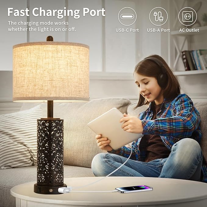 SAIWEYA 26" Set of 2 Farmhouse Table Lamp for Bedroom, Dimmable Touch | 3 Way Dimmable, 2 USB Ports + AC Outlet Bedside Lamp for Nightstand, LED Bulb Included, Fabric Shade, Flower Metal Body