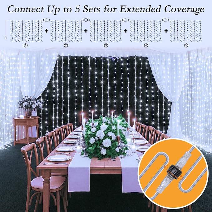 300 LED Cool White Curtain String Lights 9.8x9.8FT Plug in Fairy Lights with 9 Hooks Dimmable Timer & 8 Modes IP44 Waterproof Bedroom Office Wall Wedding Backdrop Christmas Indoor Outdoor Decor