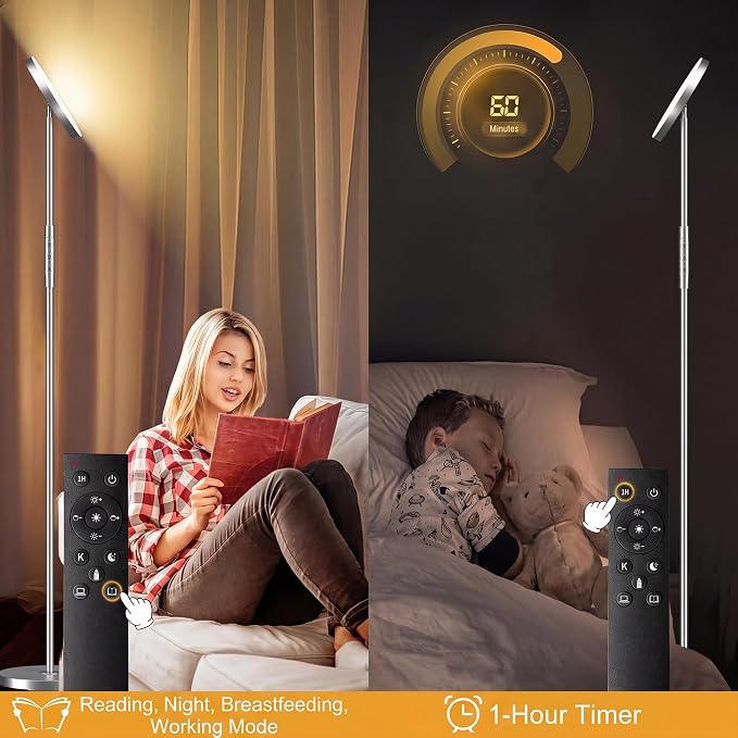 Floor Lamp, Upgraded 40W 4000LM Super Bright Torchiere LED Floor Lamps for Living Room, Stepless Dimmable Color Temperature 2700K-6500K with Remote & Touch Control, Standing Light (Brushed Nickel)