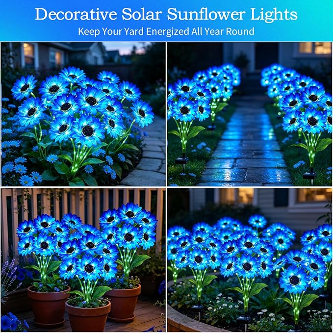 MRHEPHAESTUS Solar Garden Lights Outdoor, 6 Pack Solar Blue Sunflower Lights with 18 Head 3.5 Inch Flowers, Waterproof Flowers Light Fall Decor Auto ON/Off for Garden Yard Patio, Gifts for Mom Women