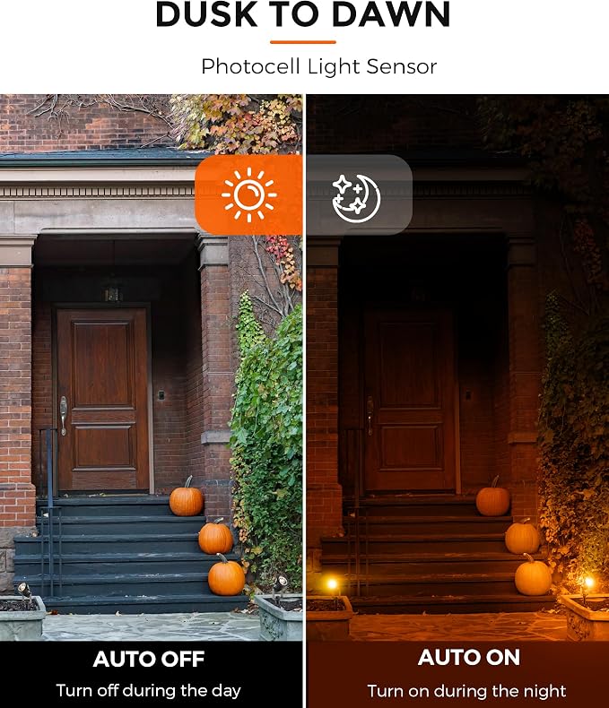 L LOHAS LED Orange Halloween Outdoor Spotlight 5W Dusk to Dawn 2 Pack | Orange Halloween Outdoor Lighting with Auto On/Off Control, Landscape Spotlights for Holiday, Tree and Yard Decoration