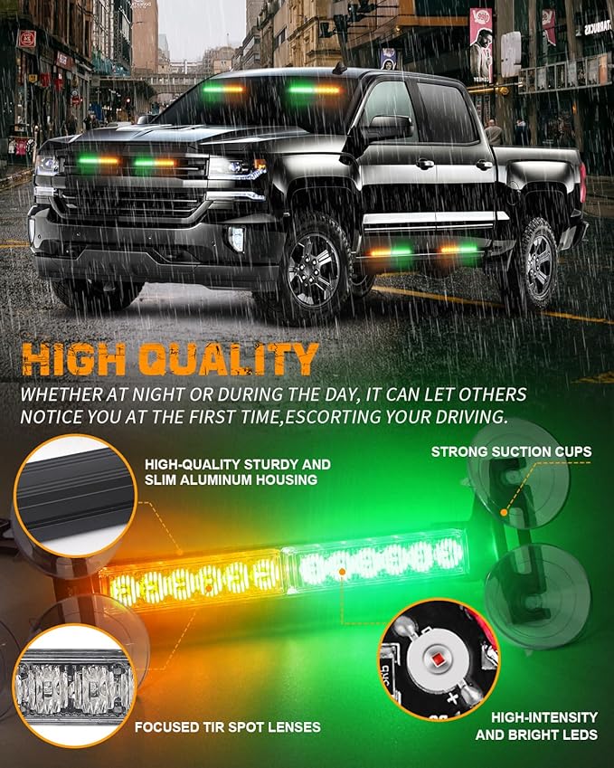 XRIDONSEN 2x 10.7 inch Amber Green Emergency Lights 24 LED Strobe Light Bar Warning Flashing Safety Dash Side Window Front/Rear Windshield Lights Traffic Advisor for Plow Trucks Construction Vehicles