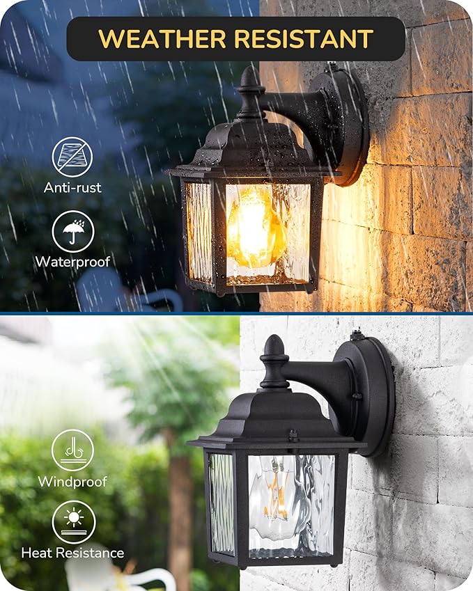 EDISHINE 2 Pack Outdoor Wall Lights, Modern Dusk to Dawn Black Porch Light | Clear Water Ripple Glass, Anti-Rust Aluminum, Standard E26 Socket, Waterproof Exterior Lighting Fixtures for Front Door