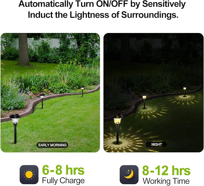 Glass Solar Lights Outdoor waterproof, 8 Pack Super Bright Solar Pathway Lights, Up to 12 Hrs Long Last Auto On/Off Garden Lights Solar Powered, Stainless Steel LED Light For Yard Landscape Warm White