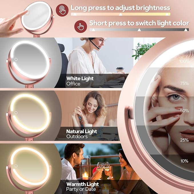 Makeup Mirror with Lights, Lighted Magnifying Mirror 30X with 3 Lighting and Adjustable Brightness, 2-Sided Height Adjustable Vanity Mirror for Bathroom, Gifts for Women Rose Gold
