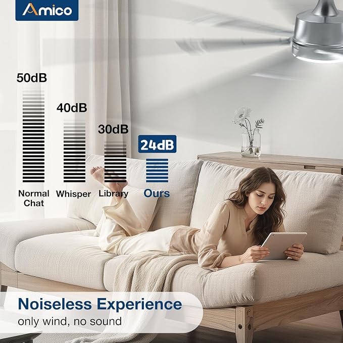Amico 66 Inch Ceiling Fans with Lights and Remote, Nickel | 6 Speed Reversible DC Motor, 3CCT, Dimmable, Quiet, Timer, Large Modern Ceiling Fan for Living room, Indoor/Outdoor