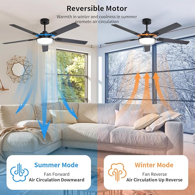 60 Inch Ceiling Fans with Lights and Remote, Bedroom Living Room Office Industrial, 5CCT Dimmable, Dual Color 5 Blades, 6 Speed Reversible Quiet DC Motor, Double-Layer Lampshade, Black/Wood Grain