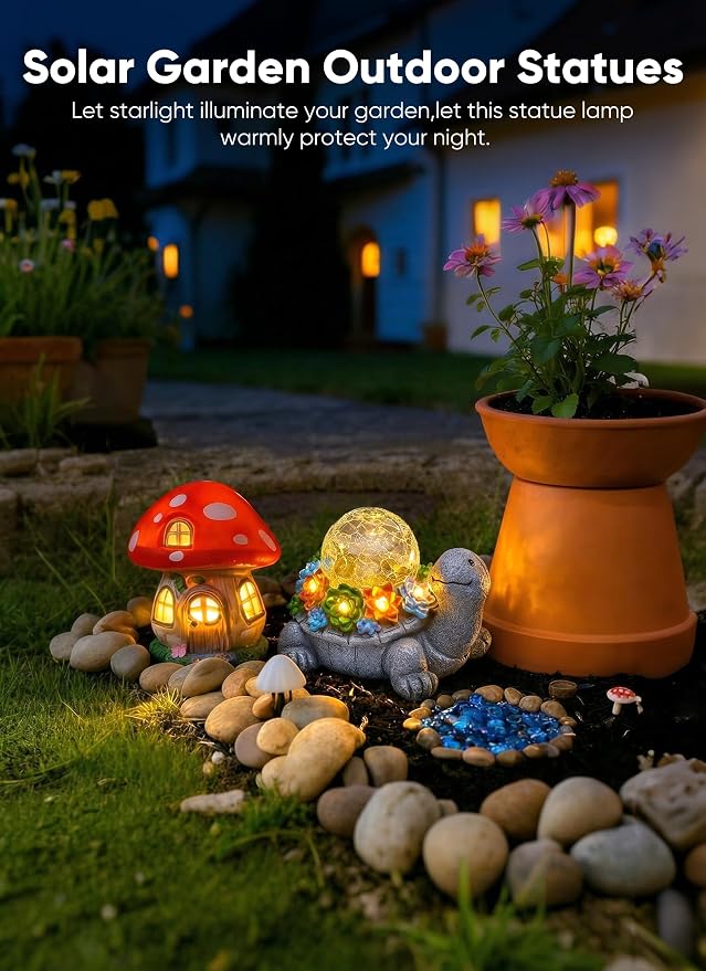 Brightown-Solar-Turtle-Garden-Decor-Statue with 5 Succulent LED Lights, Hand-Painted Resin, IP65 Waterproof Outdoor Decor for Patio, Balcony & Yard Decorations, Unique Mothers Day Gifts for Mom