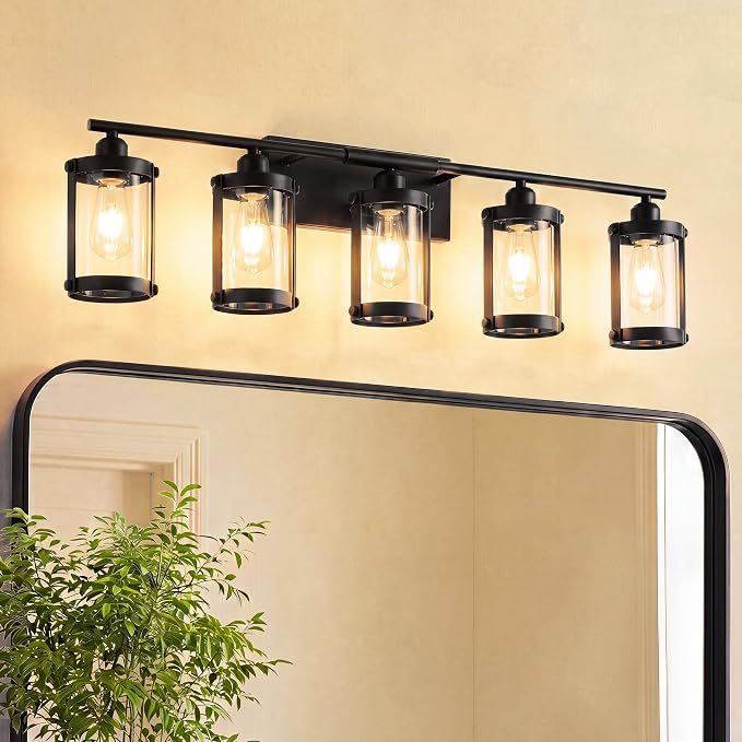 5-Light Matte Black Bathroom Light Fixtures Over Mirror with Clear Glass and Metal Cage Shade, 38" UL-Listed Modern Farmhouse Wall Sconce for Bath, Hardwire E26, OS-3014BK-5W