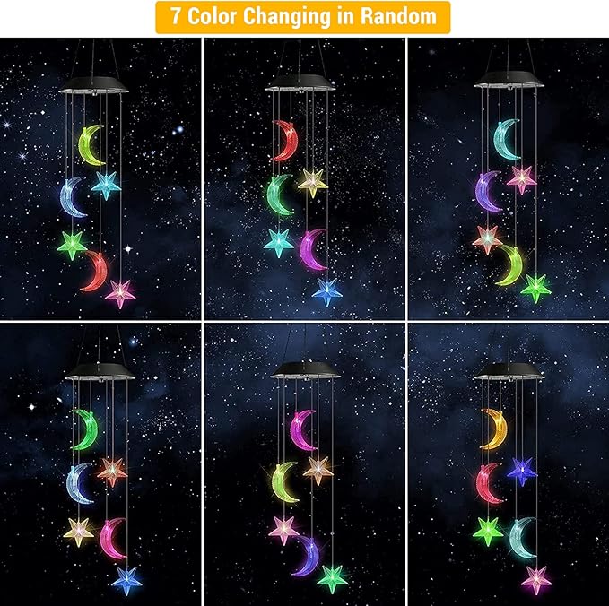 Toodour Solar Wind Chimes, Color Changing Wind Chimes Moon and Star | LED Decorative Mobile, Gift for Mom Grandma, Waterproof Outdoor Moon Star Light for Garden, Patio, Yard, Window Outdoor Decor