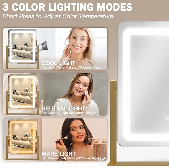ROLOVE Vanity Mirror with Lights, 12.6"×15" LED Makeup Mirror, Lighted Makeup Mirror with Lights, Smart Touch Control Dimmable 3 Modes Light, Lighted Up Mirror for Makeup Desk, Gold