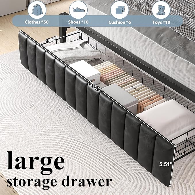 Full Size Bed Frame and Upholstered Storage Headboard, LED Light, Black | Built-in Charging Station, Wheeled Under-bed Drawers, Heavy-Duty Metal Slats, Noise-Free, Easy Assembly, No Box Spring Needed