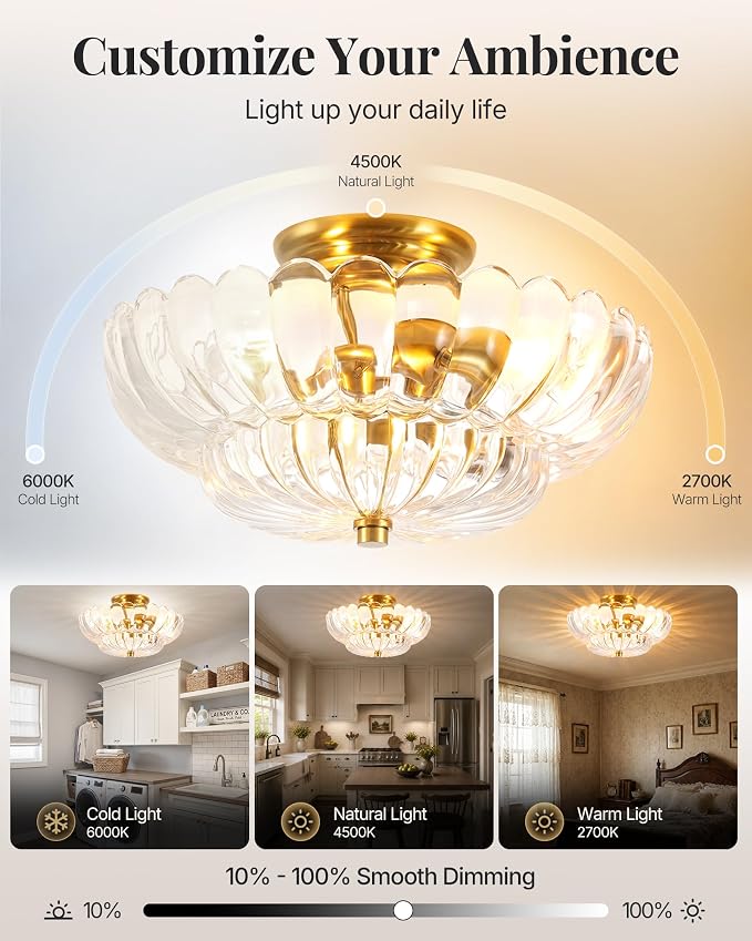 Semi Flush Mount Ceiling Light Fixture 14" Vinatge Gold Ceiling Lights Mid Century Modern Clear Glass Close to Ceiling Lighting Fixtures for Bedroom Hallway Kitchen Laundry Room Bathroom