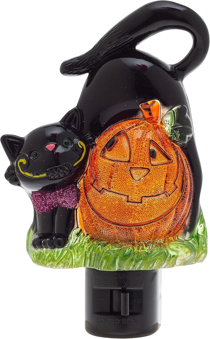 Creative Hobbies Holiday Decor Night Lights - Featuring Halloween Jack O' Lantern Pumpkin and Black Cat with Rotational Socket and On/Off Switch
