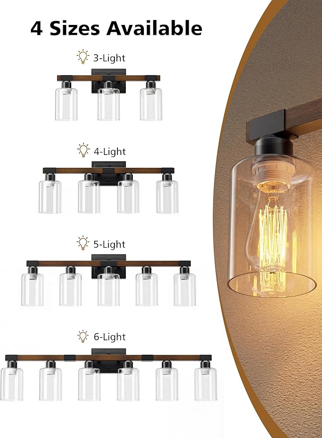VOLISUN Farmhouse Bathroom Light Fixtures, 5 Light Bathroom Vanity Lights Over Mirror, Rustic Vanity Light for Bathrooms,Wood Bathrooms Lights Fixtures Over Mirror-UL Certificated