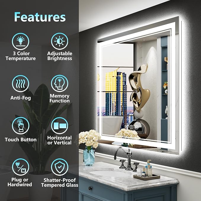 36x36 LED Bathroom Mirror, Backlit & Front Lit Lighted Mirror | Anti-Fog Vanity Mirror with Lights, 3 Color Dimmable, Memory, HD Tempered Glass, CRI95, IP54, UL Listed, Horizontal/Vertical