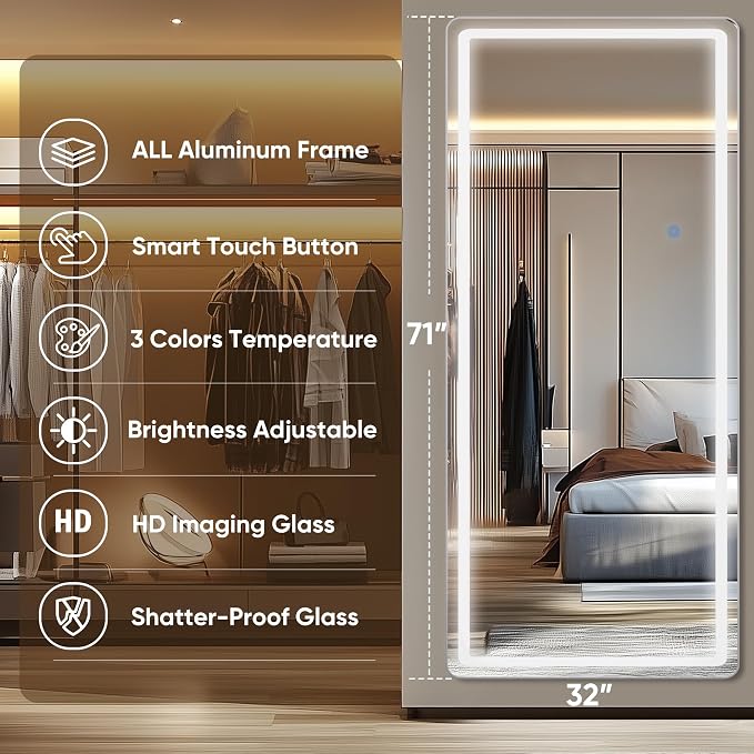 Antok LED Full Length Mirror with Light, 71"x32" Lighted Full Body Mirror with Stand, Dimmable & 3 Color Lighting Standing/Leaning/Wall Mounted Vanity Mirror for Bedroom Cloakroom Livingroom(Rect)
