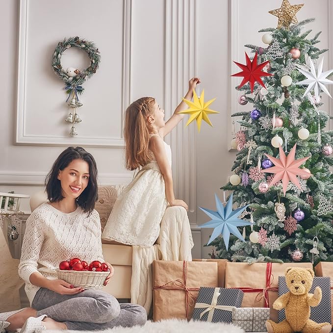 5Pack 9-Pointed Paper Star Lantern 11.8 inch Hanging Paper Lampshade for Winter Wonderland Xmas Day Decoration Wedding Birthday Party Home Decor (Multi-Colored)