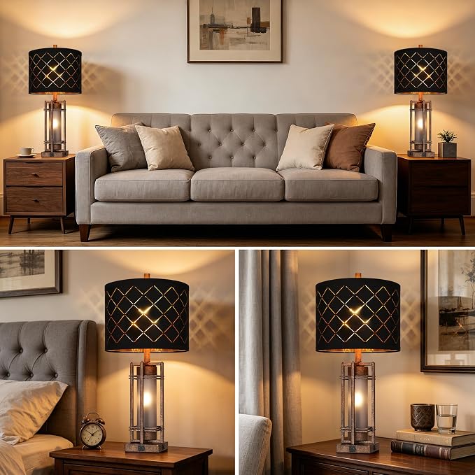 WIHTU Vintage Finish Table Lamp Set of 2 with USB Ports, Metal Desk Lamps | Black Grid Shade, Square Base, LED Bulbs Included E26 Base, with USB Port, Rocker Switch, Desk Lamps for Living Room, Bedroom