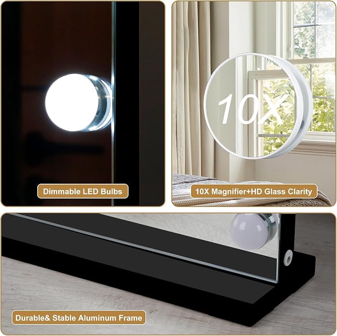 Moonee Vanity Mirror with Lights, Black Hollywood Lighted Makeup Mirror with 17 Dimmable Bulbs and 10X Magnification, 3 Colors Modes, Aluminum Metal Frame, Light Up Mirror for Tabletop/Wall（28" x 20"）