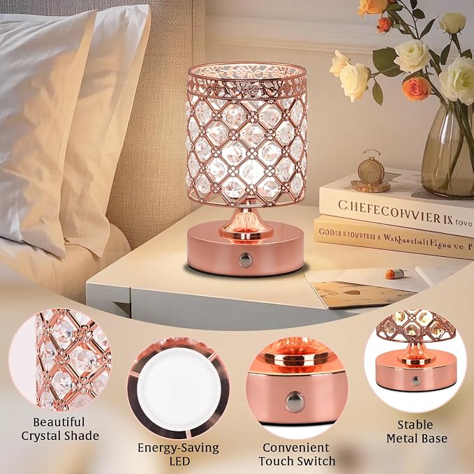 Rose Gold Small Crystal Rechargeable Cordless Table Lamps Set of 2 | 6000mAh Battery, 3 Color Temps, Stepless Dimming, Touch Control, Portable Wireless Night Light for Bar Bedroom Living Room