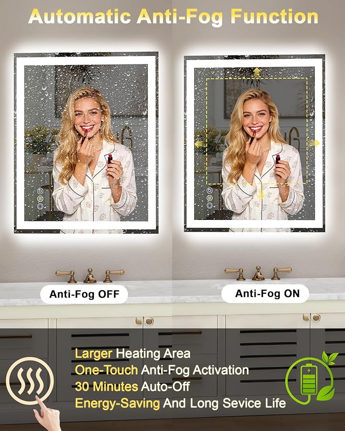 40x30 LED Bathroom Mirror, 6000LM, Separate Front and Back Lights | UL Certified,Shatter-Resistant Tempered Glass,Auto-Off Defogger,3 Color Modes,Smooth Dimming,Smart Memory Setting