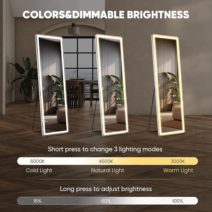 DUMOS 16" x 60" LED Full Length Mirror with Lights, Lighted Floor Full Body Mirrors with 3 Color Lighting, Wall Mounted Stand Mirror for Bedroom, Dressing Room, Living Room, Bathroom