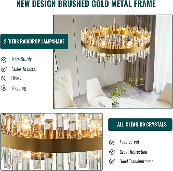 Siljoy 16-Light Modern Crystal Chandelier, 31.5'' Luxury Dimmable Brass Gold K9 Crystal Raindrop Chandelier Adjustable Hanging Crystal Ceiling Light for Dining Living Room Kitchen Island Entry Foyer