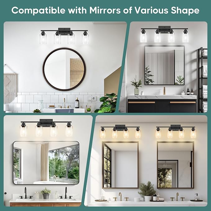 Ascher Bathroom Light Fixtures, 4-Light Vanity Light Over Mirror, Matte Black Wall Sconces with Clear Glass Shades, Wall Lamp for Living Room Bedroom, E26 Base(Bulbs Not Included)
