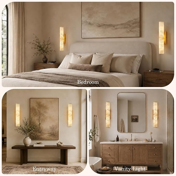 20" Brass Alabaster Wall Sconce , Tube Marble Vanity Light for Bathroom | Spanish Natural Alabaster, Gold, 3000K Warm White Light, Stone, Hardwired, Dimmable, for Living Room/Entryway/Bedroom, 1PC