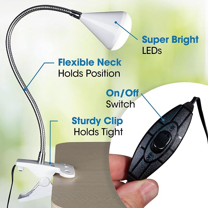 OttLite LED Cone Clip Lamp, Flexible Neck, White | Natural Daylight LEDs | Sturdy Clip | Adjustable Flexible Neck 9"-18.5" | 320 Lumens