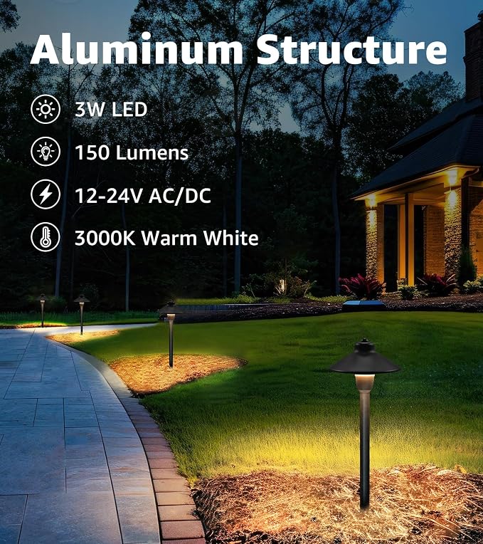 SUNVIE 12-Pack 6" Low Voltage Pathway Lights 3W 3000K Black, with Connector | Cast-Aluminum, Warm White, 12-24V AC/DC, ETL Listed Wire, IP65 Waterproof, Outdoor Landscape Path Lights for Driveway Garden