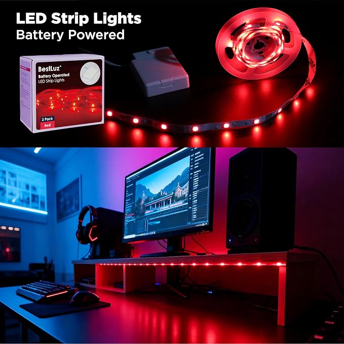 LED Strip Lights Battery Operated 3.33ft x 2 Pack Flexible LED Light Strip Battery Powered Lighting for Bedroom Room Decor Cabinet Shelf TV Backlight Red
