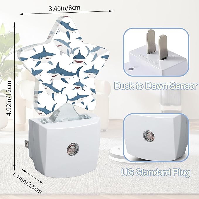 Bule Shark Night Lights Plug Into Wall,Cute Cartoon Star Night Light for Kids,Nightlight with Dusk to Dawn Smart Sensor for Bedroom Bathroom Decor,Children Women Men Gift