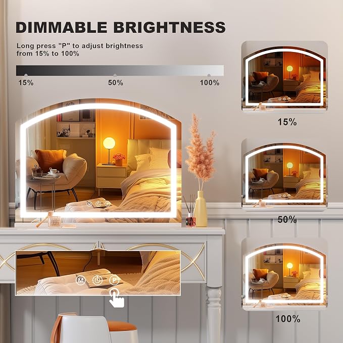 Hasipu 38" x26” Arch Vanity Mirror with LED Lights - Makeup Mirror with 10X Magnification, USB Charging Port & 3 Dimmable Color Modes