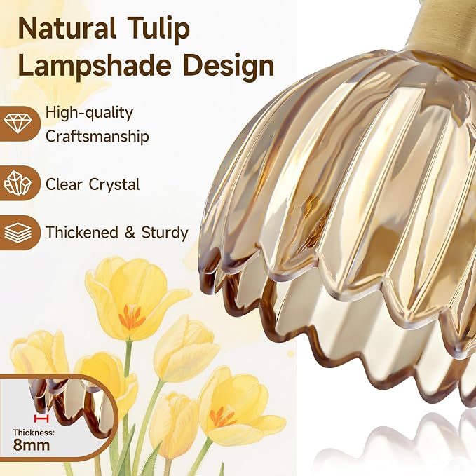 Bathroom Vanity Light 3 Light, 20 in Brushed Brass Bathroom Light Fixtures, Vintage Wall Sconces,Bath Vanity Lights Over Mirror with Amber Tulip Glass Shade for Bedroom Living Room,E26 Base