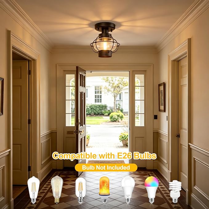 Porch Ceiling Light, Farmhouse Industrial Flush Mount, Glass Globe E26 | Indoor & Outdoor Use. For Hallway, Bedroom, Balcony, Stairway. Metal Build. Hardware Included. Easy Install.