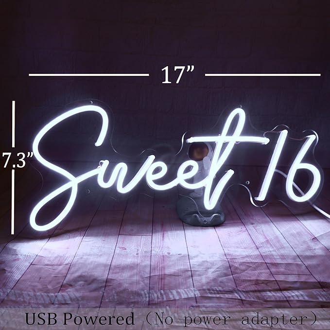 SYLHOME Sweet 16 LED Neon Light Sign 17"X7.3" Sweet Girls Adults Bedroom Happy 16th Birthday Party Wall Decor Beautiful Bestie Sister USB Cold White