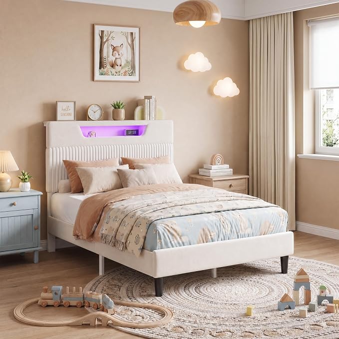 Homkdom Twin Bed Frame with Charging Station & Storage Headboard,White | 1USB-C & 2USB-A Charging, RGB LED Lights,7.78" Under-bed Storage,Velvet Upholstered Headboard,No Box Spring,Easy Assembly.