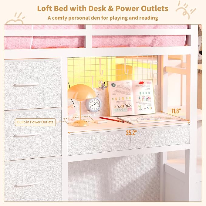 Twin Loft Bed with Desk, 12 Drawers, RGB Lights & Wide Step Stairs, White | Built-in Power Outlet, Clothes Rack, Pockets, Display Grid, Under Bed Play Fort, 11.8''H Safety Guardrail & Ladder
