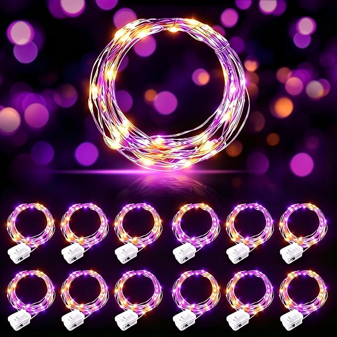 AIKEI 12 Pack LED Fairy Lights Battery Operated, Mini String Lights Waterproof 7ft 21 Led Firefly Starry Lights for Wedding Party Bedroom Garden Christmas Decoration Orange and Purple